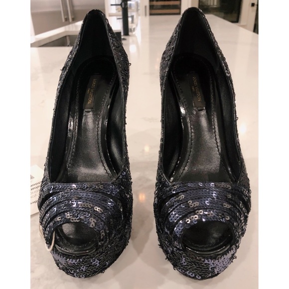 LOUIS VUITTON Dark Midnight Blue Sequin Glitter Sparkle Peep Toe Platform Pumps - Picture 3 of 17